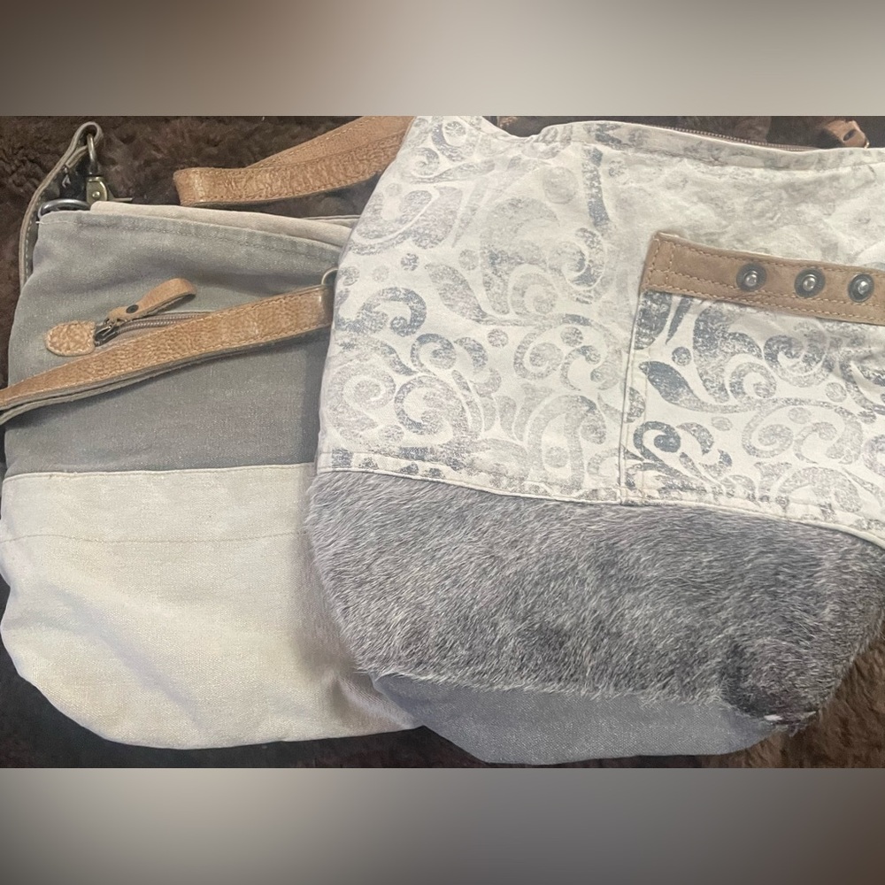 2 Gray Canvas and Leather Crossbody Bag with Tan Trim